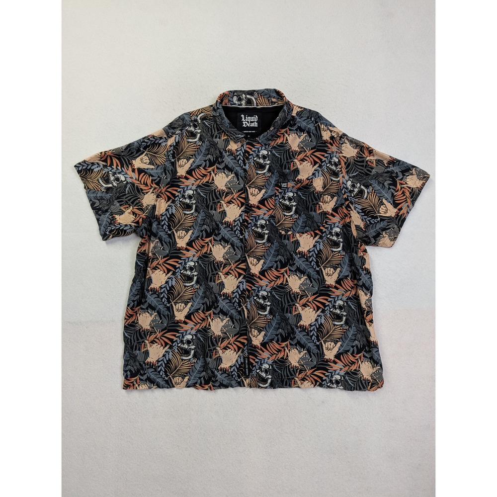 Liquid Death Mens Button Down Shirt XL Tropical Skull Hand Black Multi